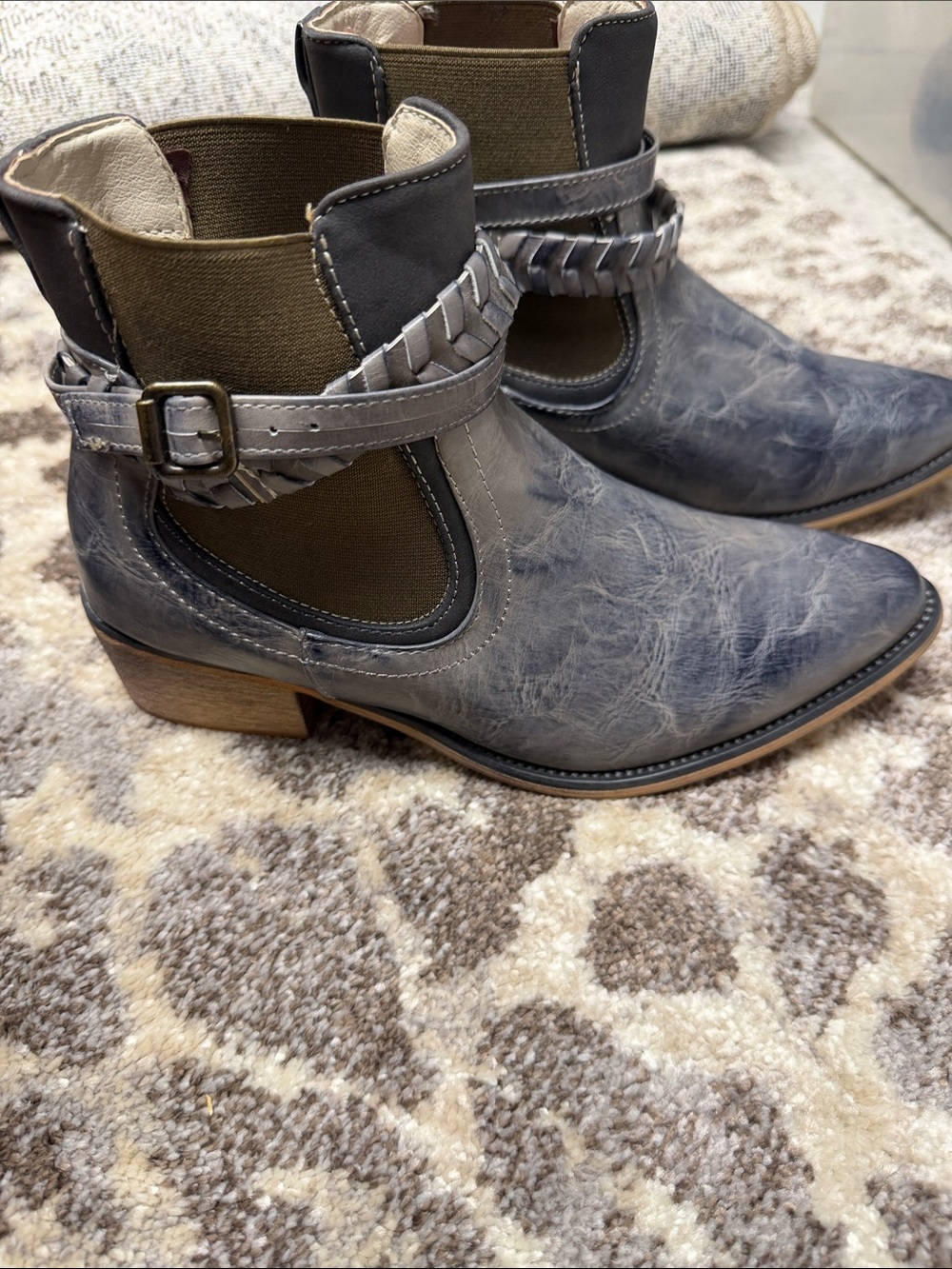 New-Maurices Gray Distressed Western Cutout Ankle Boots with Braided Strap